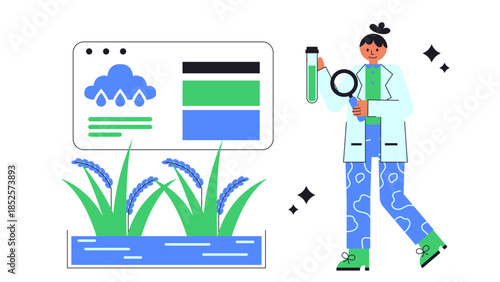 Flat vector illustration of agricultural biotechnology creating flood-resistant rice crops for climate resilience