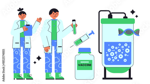 Flat vector illustration of plasmid DNA manufacturing used in gene therapy and vaccines