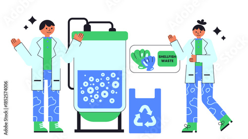 Flat vector illustration showing conversion of shellfish waste into chitosan bioplastics