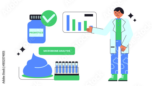 Flat vector illustration of artificial intelligence analyzing microbiome data for personalized probiotics