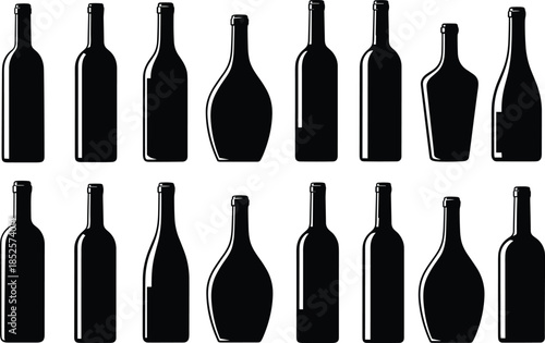 Wine bottle silhouette vector set, black icons, packaging shapes, bottle design variations, isolated alcohol artwork, winery branding clipart