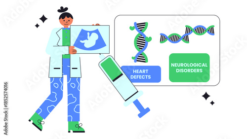 Flat vector illustration depicting in utero gene therapy for treating congenital disorders