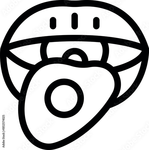 Cartoon illustration of open mouth biting avocado slice, showing tongue and teeth, representing healthy eating habits and enjoyment of fresh produce