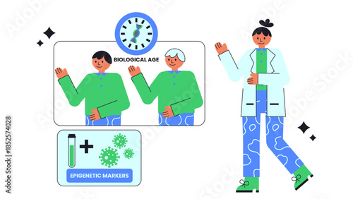 Flat vector illustration representing epigenetic clocks used to measure biological aging