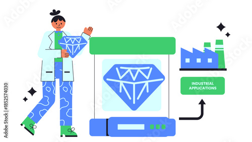Flat vector illustration showing laboratory cultivation of diamonds for industrial use
