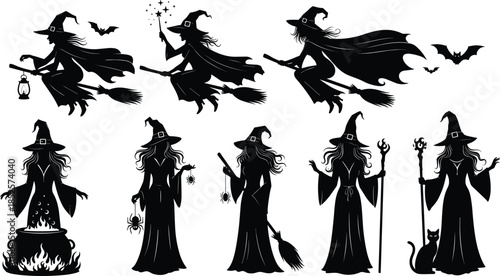 Witch silhouettes, broomstick flying, cauldron stirring, magic wand, Halloween illustration, fantasy folklore, pointed hat, black cat, spooky art