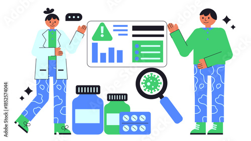 Flat vector illustration of pharmacovigilance systems monitoring biosimilar drug safety