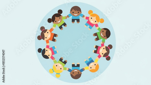 Diverse Children Holding Hands Forming Circle Isolated on Light Blue Background Vector Illustration