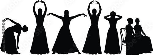 Women silhouettes, dance poses, expressive movement, long dress, seated posture, theatrical gesture, artistic performance, body language, emotion illustration