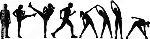 Workout silhouettes, fitness poses, exercise routine, warm‑up movements, stretching, running, kicking, bending, physical activity, healthy lifestyle, gym illustration