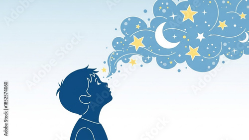 Child Imagination Stars Moon Cloud on Blue Background Vector Illustration