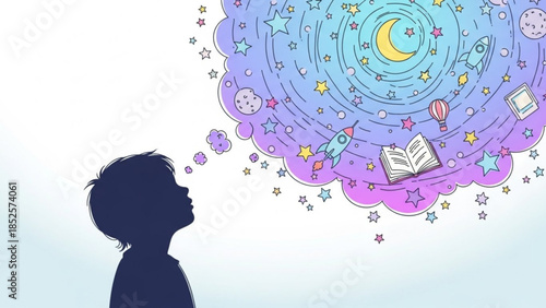 Imagination of Child Silhouette with Stars, Moon, and Rockets in Whimsical Pastel Illustration