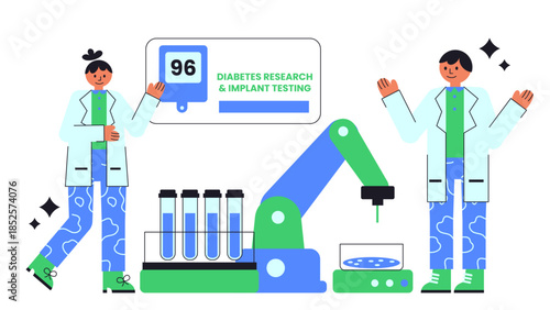 Flat vector illustration of bioprinting pancreatic islet cells for diabetes studies