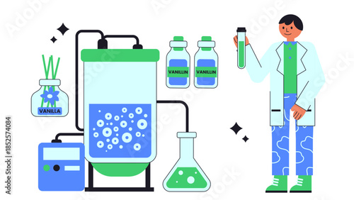 Flat vector illustration of microbial fermentation producing vanillin for food and fragrance
