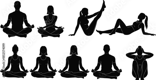 Yoga and meditation silhouettes, black icons, seated and stretching poses, mindfulness, wellness, vector set, body posture, calm practice