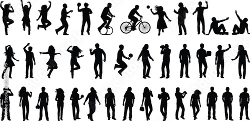 people, activity, silhouette, dancing, walking, biking, photography, black, white, icon, illustration, vector, design, symbol, posture, gesture, movement, lifestyle, interaction, casual