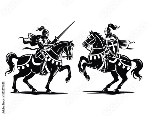 Medieval knight and crusader on horseback silhouette, two warriors in confrontation vector.