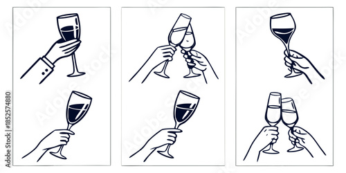 Cheers or drinking couple toast drawing on transparent Background. Vector of people's hands toasting with a glass on transparent Background. Hands hold glasses of white sparkling , red wine, champagne