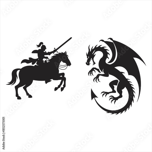 Medieval warrior charging at dragon silhouette, mythical beast and heroic knight vector art.