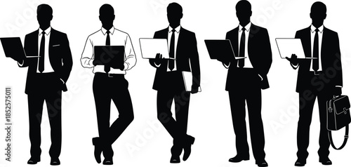 Professional business men silhouette set holding laptops wearing suits standing for corporate technology office work and digital marketing strategy concepts