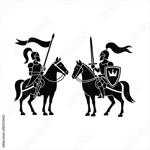 Medieval knights on horses silhouette, two armored warriors with lances and swords vector.
