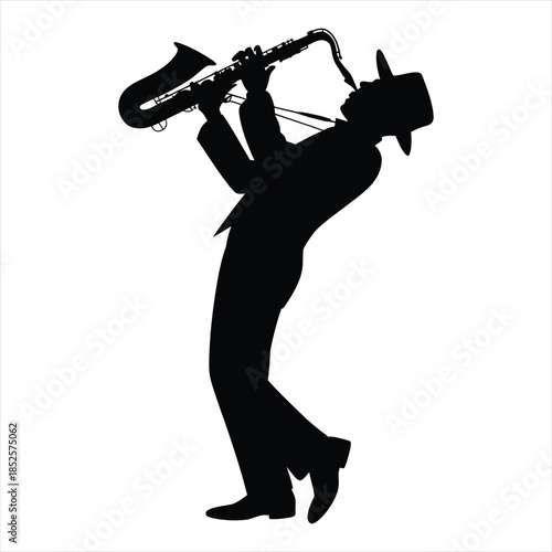 Saxophonist with hat silhouette, jazz musician playing musical instrument vector.