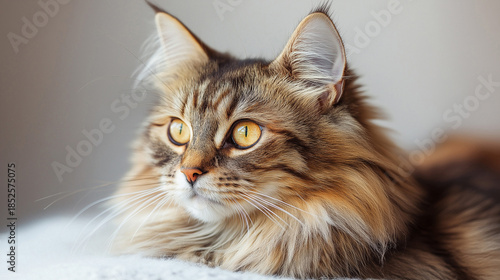 Portrait of Beautiful Long Haired Cat with Bright Golden Eyes and Soft Fur