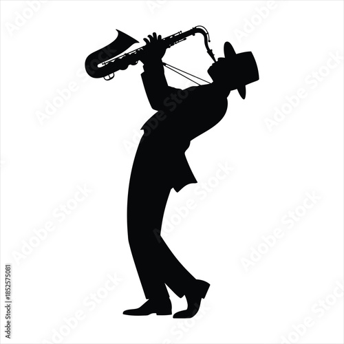 Jazz saxophone player silhouette, musician playing sax in expressive pose.