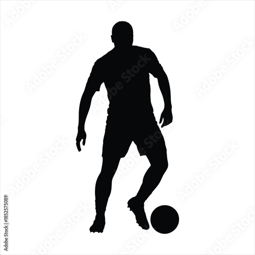 Soccer athlete silhouette in motion, football player playing with ball vector.