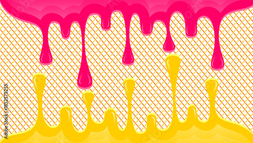 Wavy syrup illustration. Dripping candy illustration background. Pink ice cream drip illustration. Fast food caramel drip illustration. Hand-drawn milk drip on waffle background.
