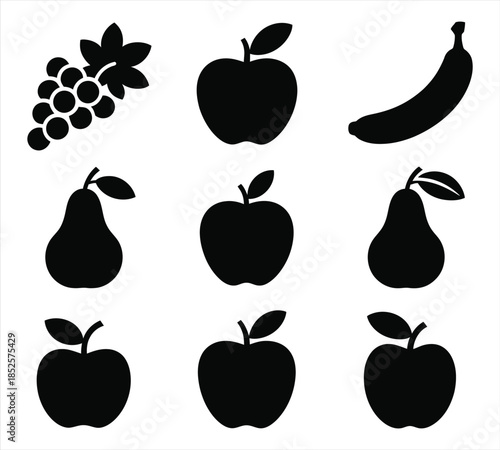 Healthy organic fruit silhouettes, grapes and apple vector icons for nutrition.