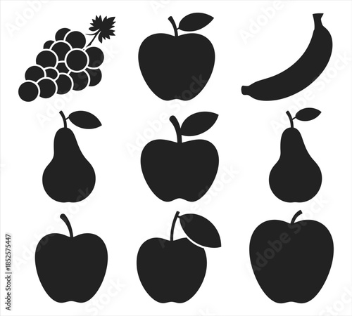 Minimalist Fruit Silhouette Vector Icons Set with Apple Banana and Grapes