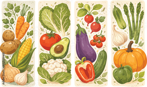 Fresh Vegetables Assortment in Vertical Panels, Flat Illustration
