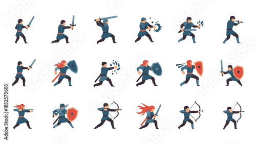 A collection of medieval warriors engaged in various combat poses with swords, shields, and bows.