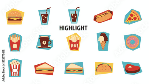 A vibrant collection of fast food and snack items in a playful, cartoonish style.