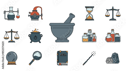 Alchemy and Magic Icons Set with Mortar and Pestle.