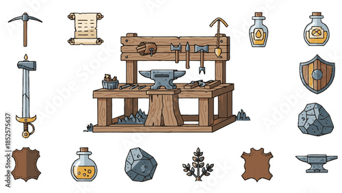 Blacksmith workshop with tools and materials for crafting medieval items.