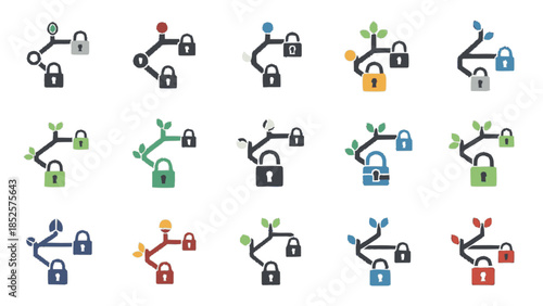 Blockchain security and network protection with padlock icons.