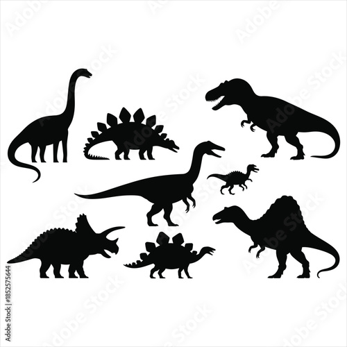 Diverse dinosaur species silhouette icons, jurassic period prehistoric animal vector set.