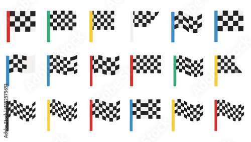 Checkered Racing Flags Waving in Various Positions.