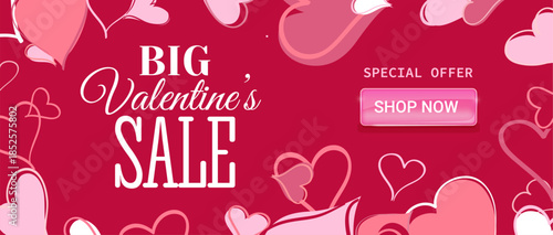 Horizontal Valentines Day sale banner with elegant typography, romantic design elements and a prominent Shop Now button. Modern promotional layout for seasonal discounts, online stores, holiday market