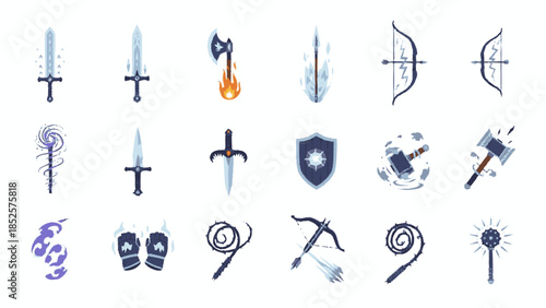 Collection of fantasy RPG game weapons and armor set.