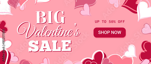 Horizontal Valentines Day sale banner with elegant typography, romantic design elements and a prominent Shop Now button. Modern promotional layout for seasonal discounts, online stores, holiday market