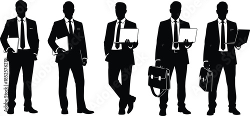 Set of business man silhouettes in suits holding laptops and briefcases, professional corporate workers standing on white background, modern office.