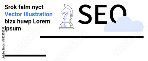 Digital marketing, online optimization, search ranking, business strategy, keyword analysis, content planning. Chess knight and SEO text with cloud. Digital marketing and online optimization concept