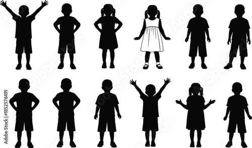 Set of children silhouettes standing in different poses, diverse group of young boys and girls for education and school concept.
