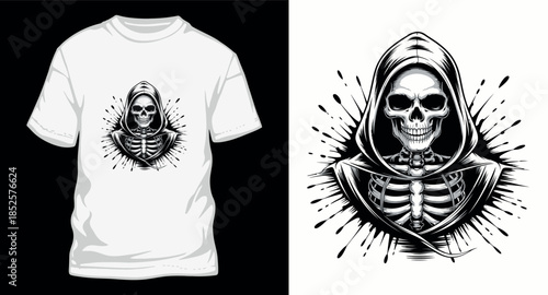 Grim reaper skull with hood and bones t-shirt design concept