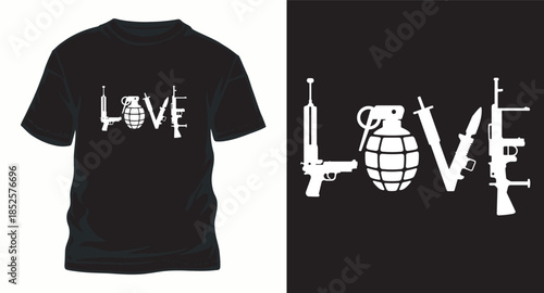 Love word made of weapons, guns, grenade, military theme
