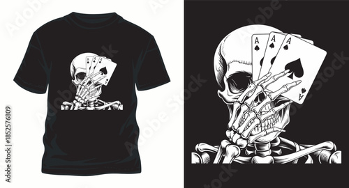 Skeleton hand holding playing cards aces poker t-shirt vector illustration