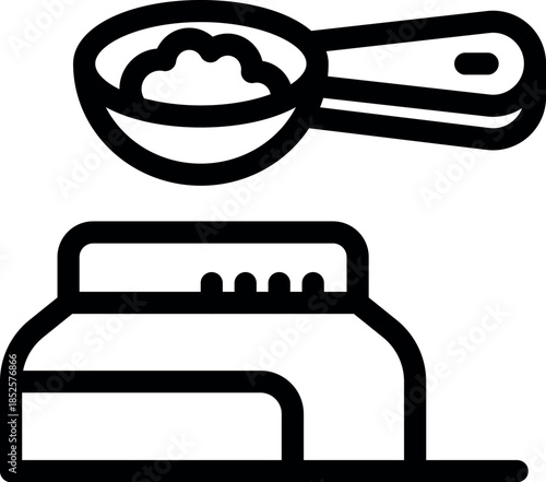 Measuring scoop holding protein powder is positioned above a container, with a scale displaying nutritional information, emphasizing the importance of precise portioning for fitness and health
